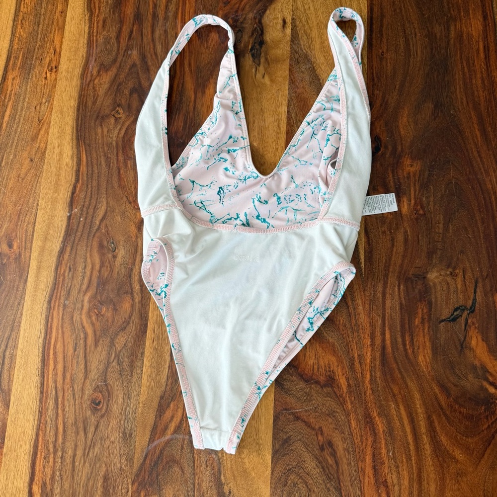 Basta Womens Pink Teal Marble Print One Piece Swimsuit Medium Baywatch Beach - Picture 4 of 7